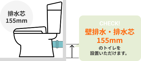壁排水・排水芯155mmのトイレを設置いただけます。